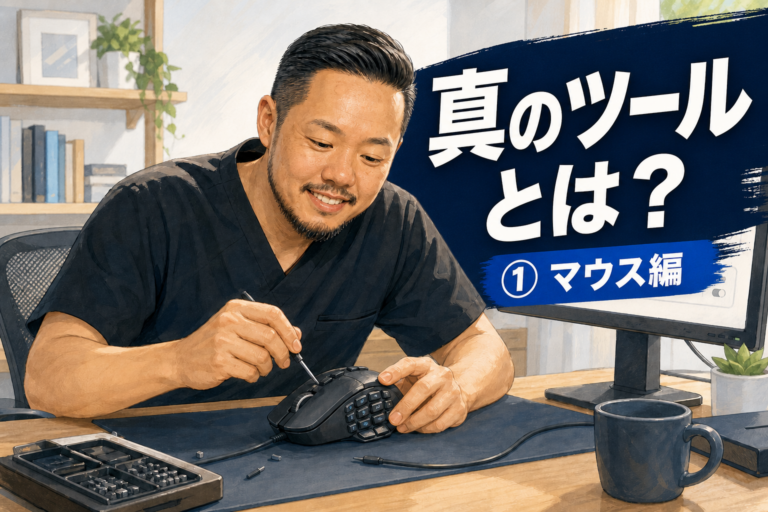 マウスを調整する黒沢あやとと「真のツールとは？ ①マウス編」の文字