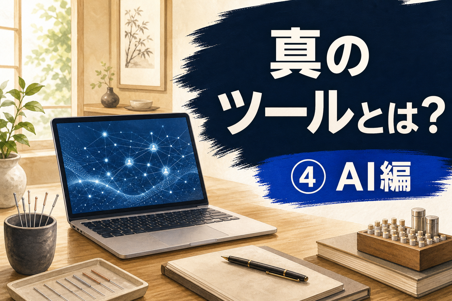 AIの画面と鍼灸道具、「真のツールとは？ ④AI編」の文字