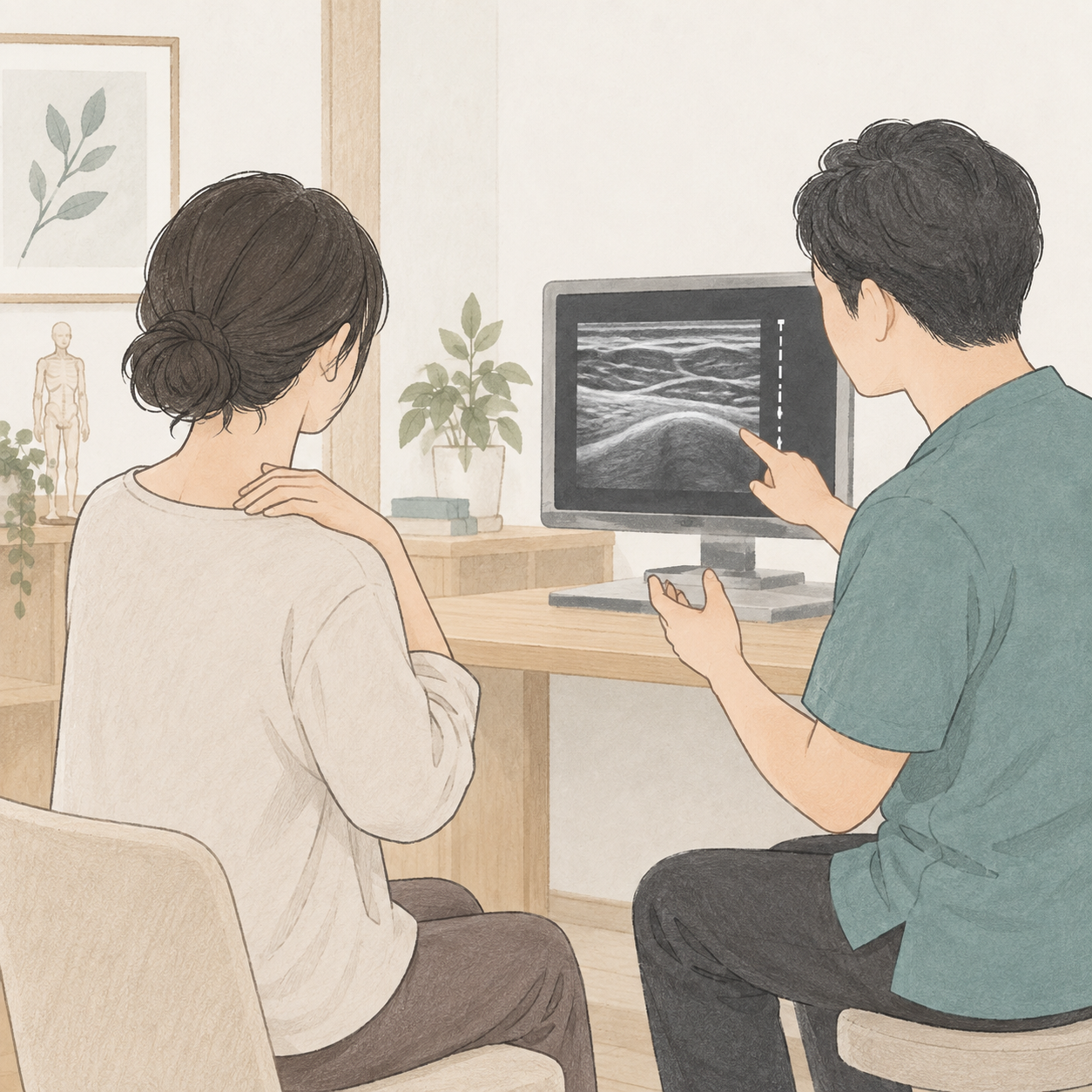 肩に触れる患者さんへ、エコー画像を見ながら説明している様子